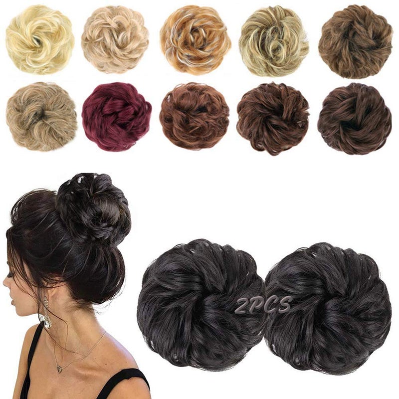 MORICA 2PCS Messy Bun Hair Piece Fake Messy Bun Scrunchies for Thin Hair Extension Curly Wavy Synthetic Chignon Ponytail for Women Natural Black
