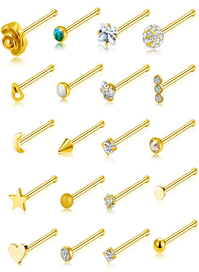 Tornito 20G 20Pcs Nose Ring CZ Nose Stud Retainer L Bone Screw Shaped Nose Piercing Jewelry Set for Women Men Stainless Steel Rose Gold Tone (D:20Pcs,Bone Shaped, Gold Tone) - Image 1