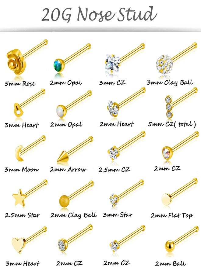 Tornito 20G 20Pcs Nose Ring CZ Nose Stud Retainer L Bone Screw Shaped Nose Piercing Jewelry Set for Women Men Stainless Steel Rose Gold Tone (D:20Pcs,Bone Shaped, Gold Tone) - Image 2