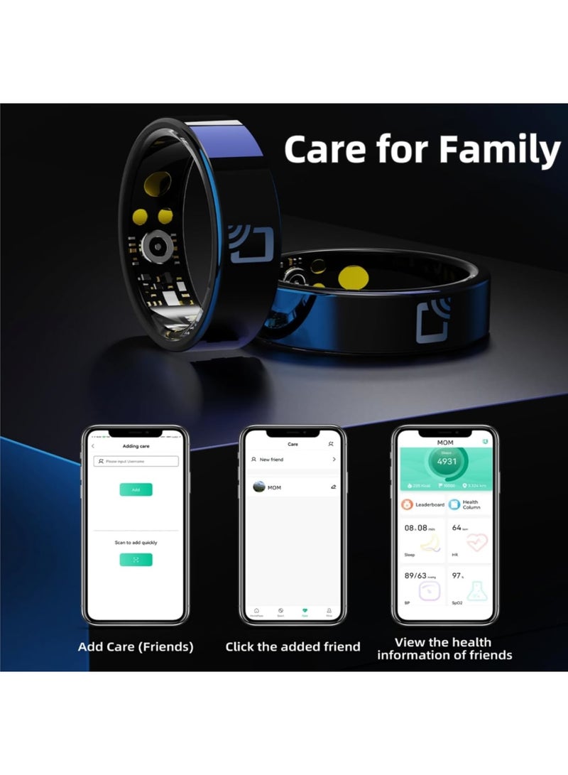 SOLARAE خاتم ذكي، 21.4 مم خاتم رياضي مقاوم للماء IP68 مع علبة شحن، خاتم تتبع لياقة بدنية بتقنية NFC مع مراقب معدل ضربات القلب، مراقب مستوى الأكسجين في الدم، تتبع النوم، تصوير عن بُعد، أسود