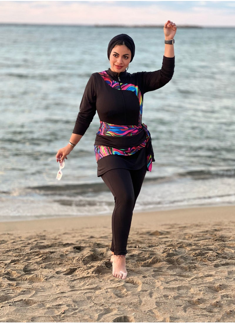 Puritopia Full Black With Colorful Paitings Elegant Burkini For Swimming  - Image 1