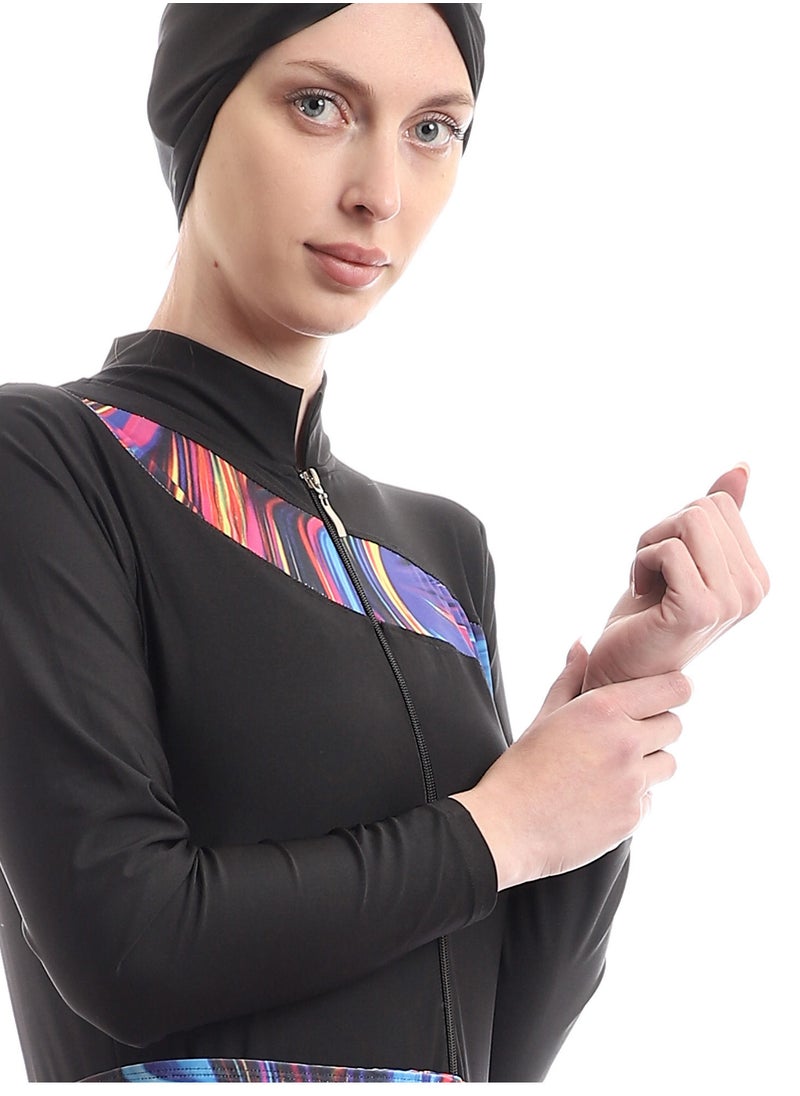 Puritopia - Full Black With Colorful Paitings Elegant Burkini For Swimming - Image 1