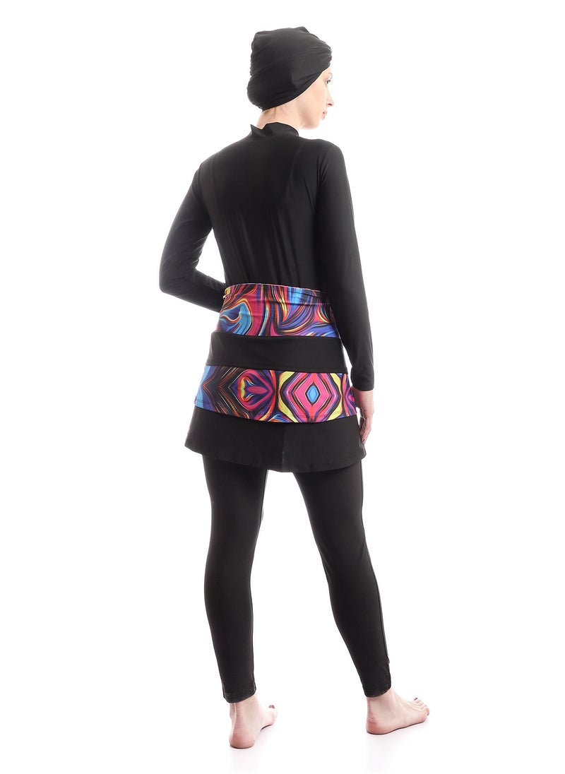 Puritopia - Full Black With Colorful Paitings Elegant Burkini For Swimming - Image 1