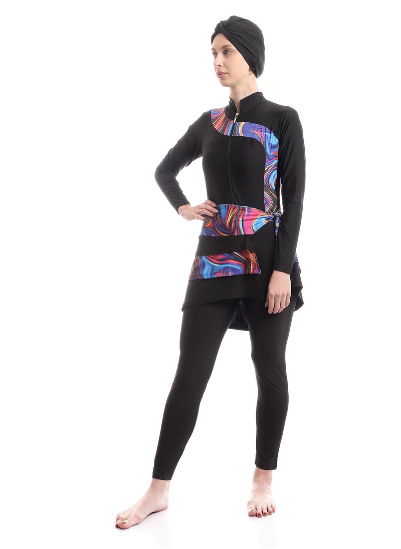 Puritopia - Full Black With Colorful Paitings Elegant Burkini For Swimming - Image 1