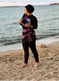 Puritopia Full Black With Colorful Paitings Elegant Burkini For Swimming  - Image 3