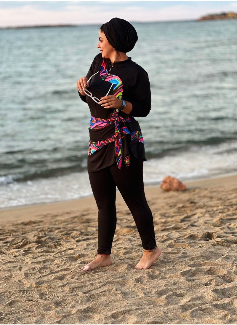 Puritopia Full Black With Colorful Paitings Elegant Burkini For Swimming  - Image 3