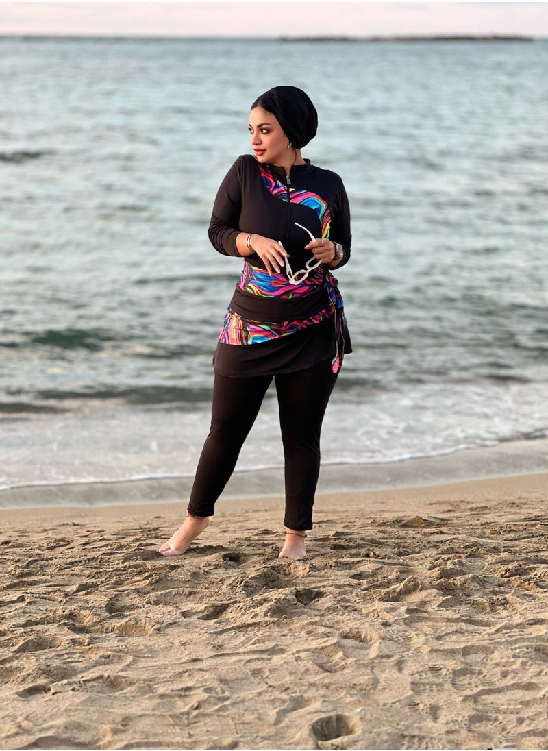 Puritopia Full Black With Colorful Paitings Elegant Burkini For Swimming  - Image 4