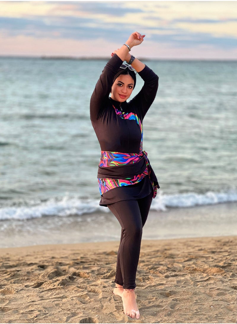 Puritopia Full Black With Colorful Paitings Elegant Burkini For Swimming  - Image 2