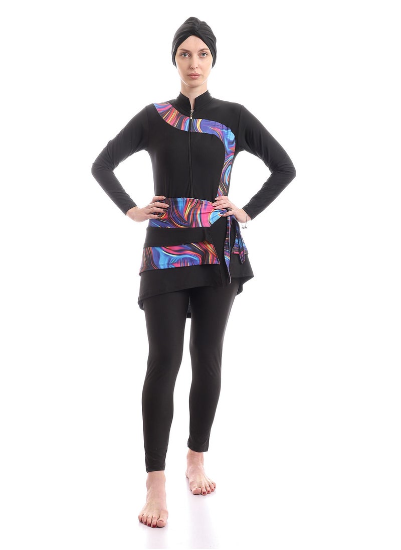 Puritopia Full Black With Colorful Paitings Elegant Burkini For Swimming  - Image 5