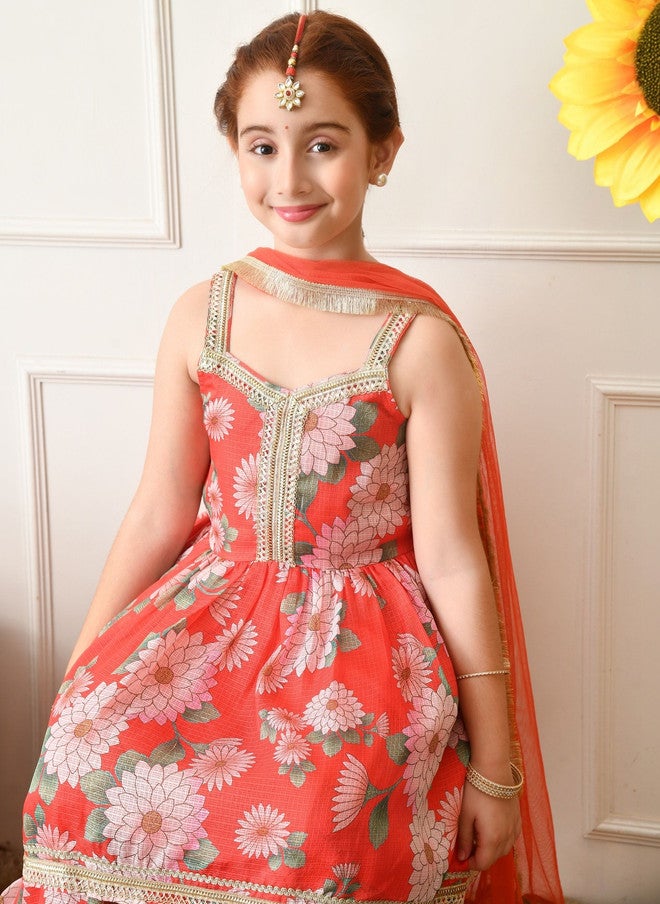 Indi-Loom Couture Girls Floral Printed Tiered Gotta Patti Kurta with Sharara & Dupatta - Image 5