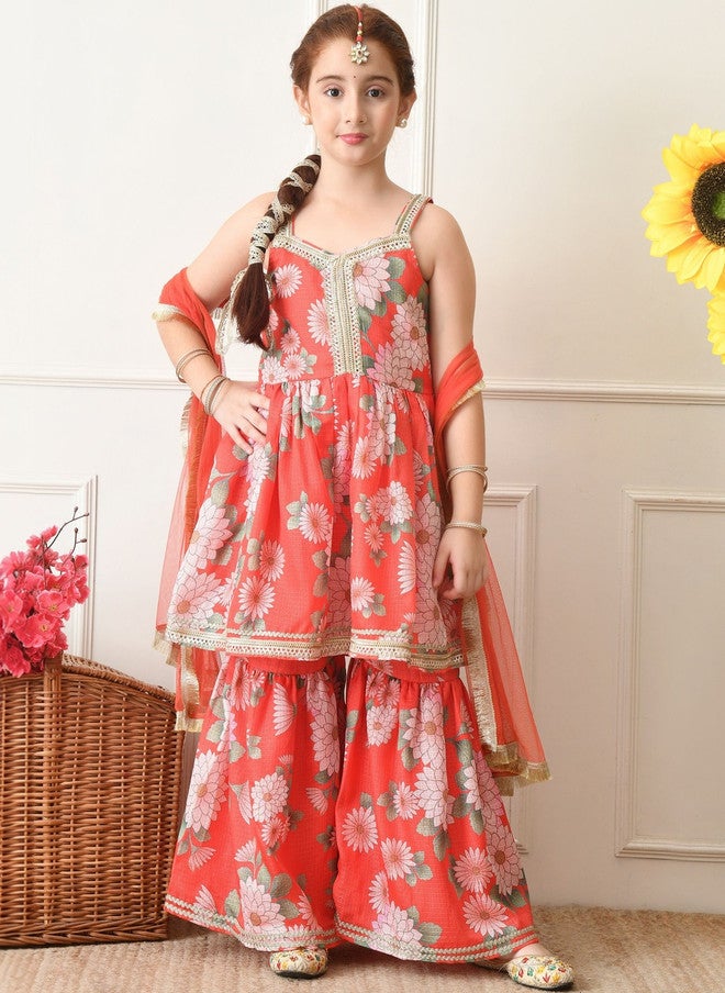 Indi-Loom Couture Girls Floral Printed Tiered Gotta Patti Kurta with Sharara & Dupatta - Image 1