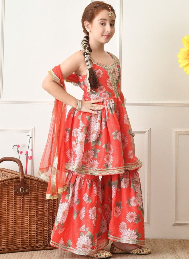Indi-Loom Couture Girls Floral Printed Tiered Gotta Patti Kurta with Sharara & Dupatta - Image 2