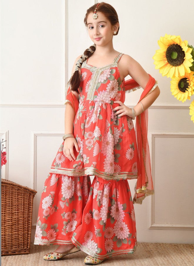 Indi-Loom Couture Girls Floral Printed Tiered Gotta Patti Kurta with Sharara & Dupatta - Image 3