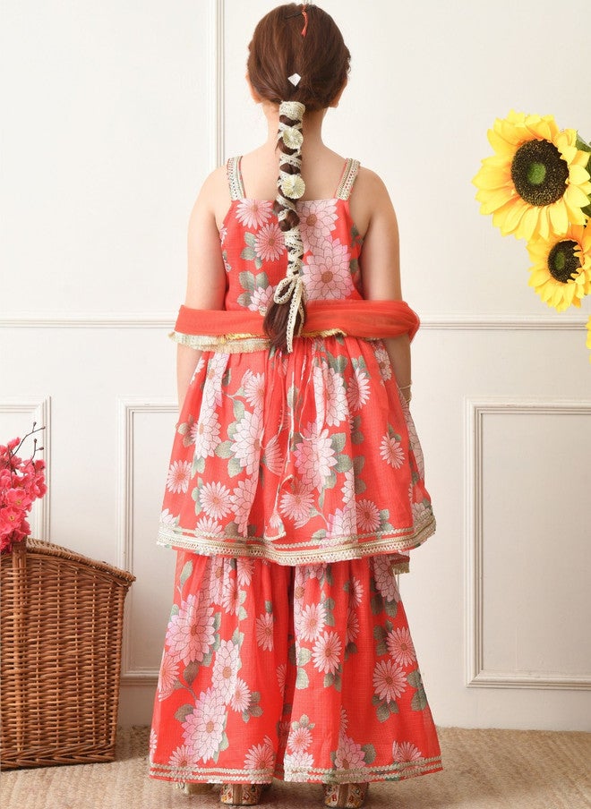 Indi-Loom Couture Girls Floral Printed Tiered Gotta Patti Kurta with Sharara & Dupatta - Image 4