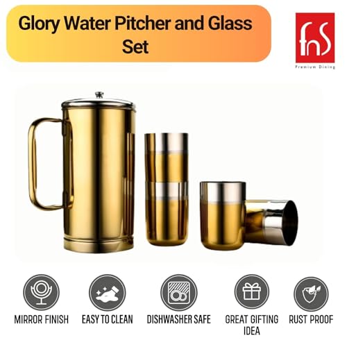 FNS Glory Gold 5 Pcs Stainless Steel Pitcher And Glass Set Dual Tone (1 Pitcher And 4 Glasses), 1.5 L - Image 2