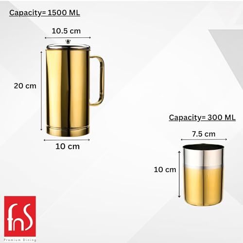 FNS Glory Gold 5 Pcs Stainless Steel Pitcher And Glass Set Dual Tone (1 Pitcher And 4 Glasses), 1.5 L - Image 3