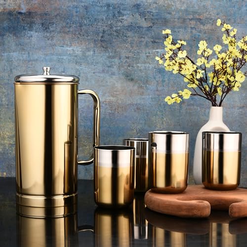 FNS Glory Gold 5 Pcs Stainless Steel Pitcher And Glass Set Dual Tone (1 Pitcher And 4 Glasses), 1.5 L - Image 1