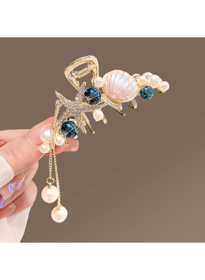 Goolsky 1pc Elegant Starfish & Pearl Hair Clip - Golden-Tone Alloy, Vintage Beach Style Hair Accessory with Blue Gemstones and White Pearls for Updos and Styling, Pearl Hair Accessories - Image 4