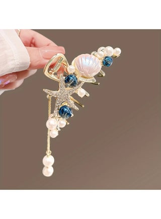 1pc Elegant Starfish & Pearl Hair Clip - Golden-Tone Alloy, Vintage Beach Style Hair Accessory with Blue Gemstones and White Pearls for Updos and Styling, Pearl Hair Accessories - view 5