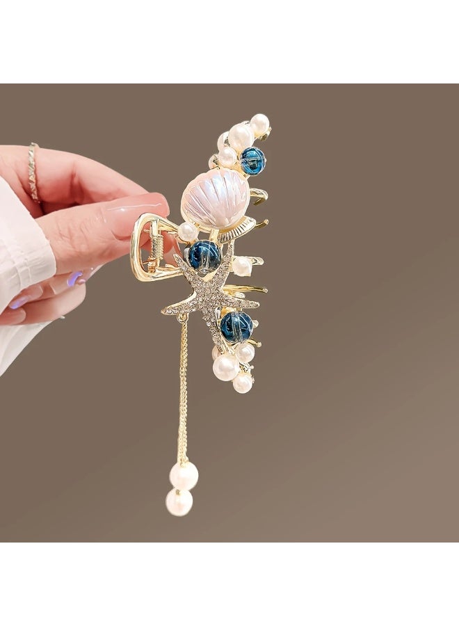 Goolsky 1pc Elegant Starfish & Pearl Hair Clip - Golden-Tone Alloy, Vintage Beach Style Hair Accessory with Blue Gemstones and White Pearls for Updos and Styling, Pearl Hair Accessories - Image 1