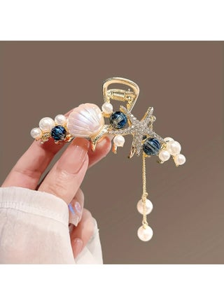 1pc Elegant Starfish & Pearl Hair Clip - Golden-Tone Alloy, Vintage Beach Style Hair Accessory with Blue Gemstones and White Pearls for Updos and Styling, Pearl Hair Accessories - view 2