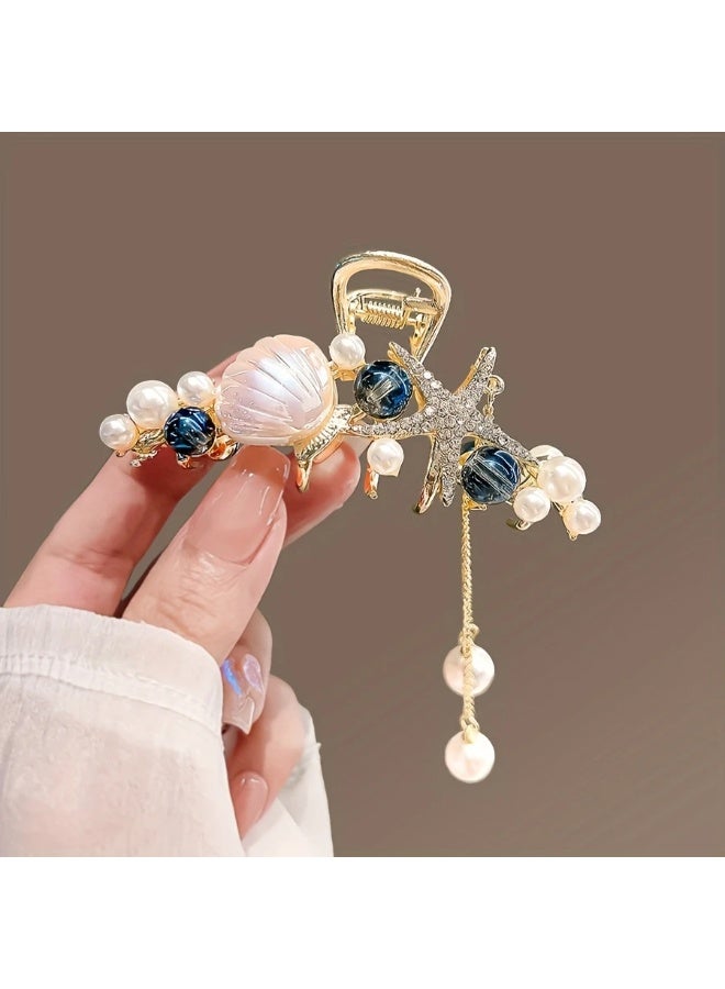 Goolsky 1pc Elegant Starfish & Pearl Hair Clip - Golden-Tone Alloy, Vintage Beach Style Hair Accessory with Blue Gemstones and White Pearls for Updos and Styling, Pearl Hair Accessories - Image 2