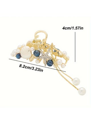 1pc Elegant Starfish & Pearl Hair Clip - Golden-Tone Alloy, Vintage Beach Style Hair Accessory with Blue Gemstones and White Pearls for Updos and Styling, Pearl Hair Accessories - view 3