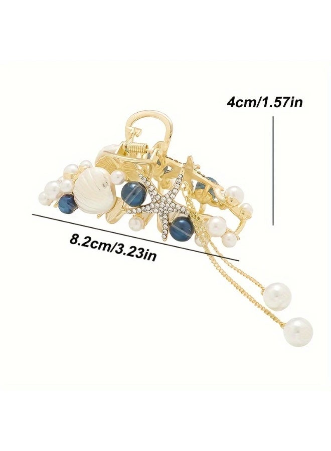 Goolsky 1pc Elegant Starfish & Pearl Hair Clip - Golden-Tone Alloy, Vintage Beach Style Hair Accessory with Blue Gemstones and White Pearls for Updos and Styling, Pearl Hair Accessories - Image 3
