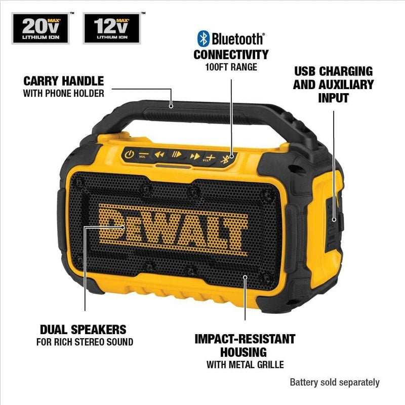 DEWALT مكبر صوت DEWALT 20V MAX بلوتوث مدى 100 قدم متين لمواقع العمل حاملة هاتف مضمنة تدوم 810 ساعات بشحنة واحدة DCR010 - Image 2