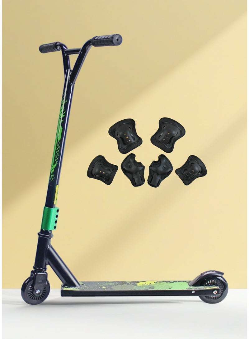 إيزي فيتشور سكوتر حركات بهلوانية احترافي خفيف الوزن من إيزي فيوتشر - عجلتان، عجلات ألومنيوم 110 مم، سطح شريط قبضة، مقبض عريض على شكل حرف T، فرامل فولاذية، سكوتر حركات بهلوانية 360 درجة للمستخدمين المبتدئين والمتوسطين، بما في ذلك مجموعة معدات الحماية - Image 1