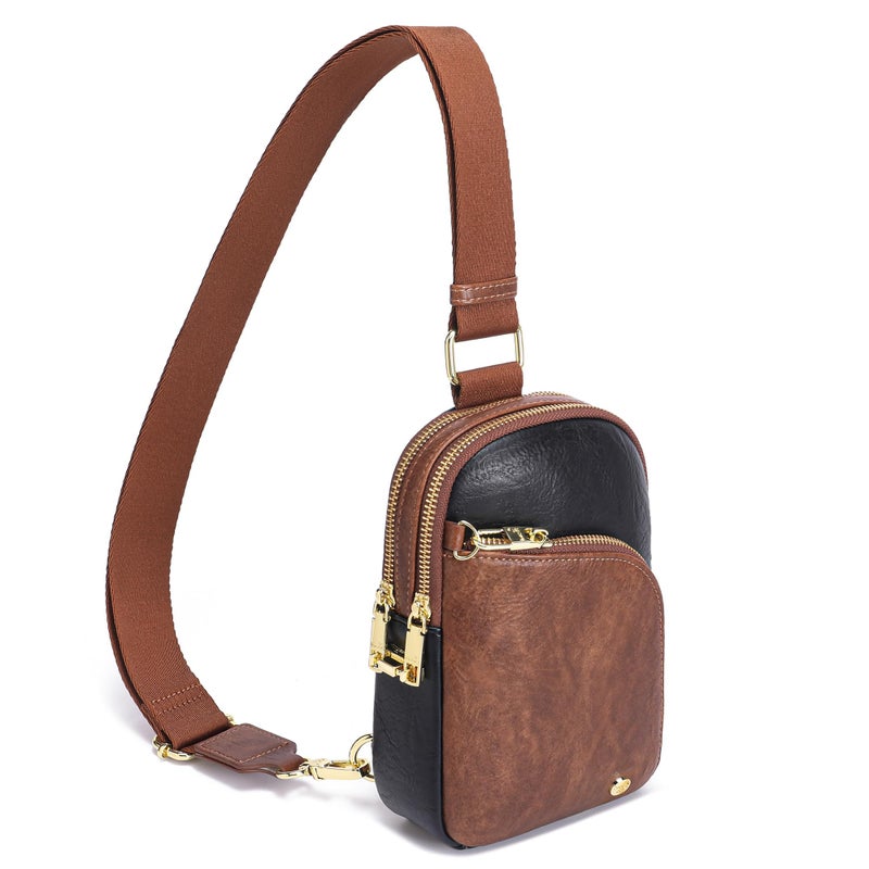 INICAT RFID Blocking Sling Bag, Anti Theft Crossbody Bag for Women, Travel Fanny Pack Style Purse, Vegan Leather(Black Brown) - Image 1