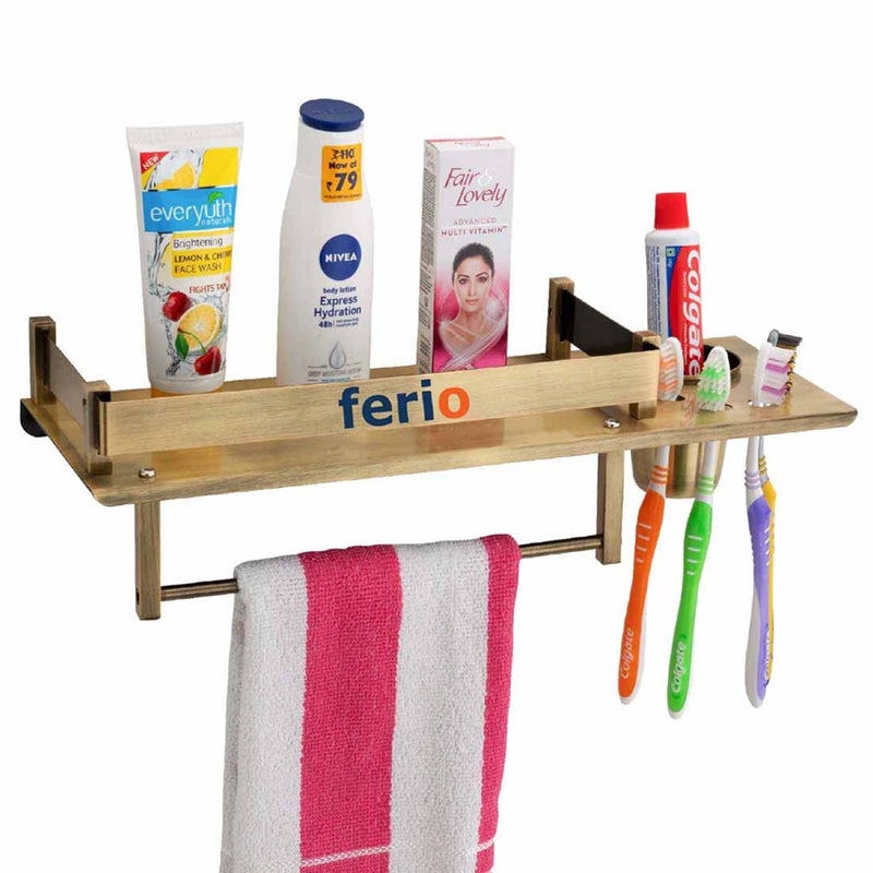 FERIO Bathroom Shelf Stainless Steel 3 in 1 Wall Mount Multipurpose Bathroom Shelves Rack Hanger with Towel Bar Tumbler Holder Bathroom Accessories Brass Antique 15 X 5 Inch Pack of 1 - Image 1