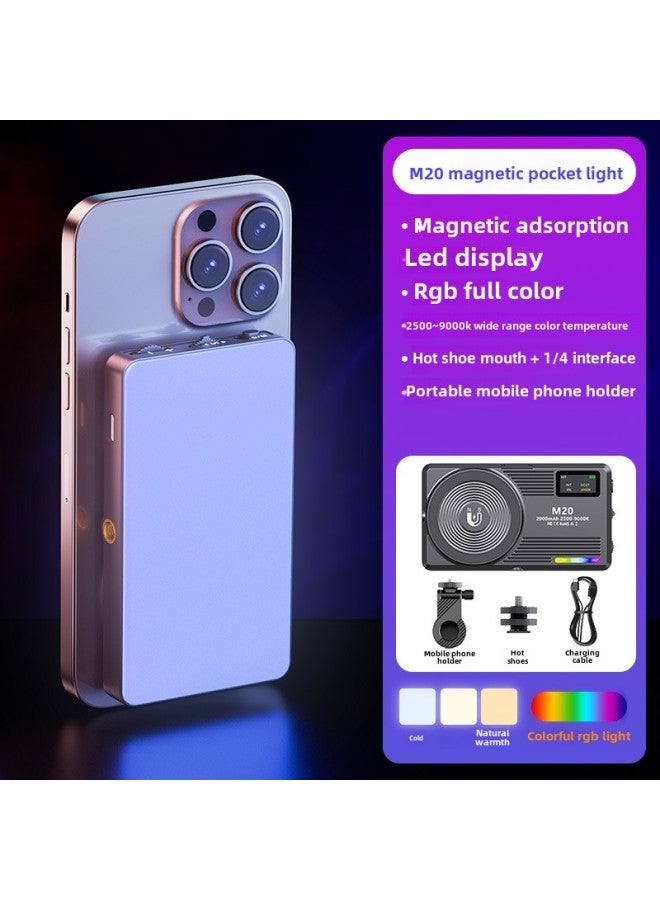 Magnetic Absorption RGB Mobile Phone Fill Light Portable Selfie Shooting Handheld Lighting Light Outdoor Photography Beauty Pocket Light-Specification:【rgb Full Color + Three Color Temperatures☀Multiple Levels Of Brightness] Free Mobile Phone Holder + Magnet Sheet + Cold Shoe + Charging Cable  - Image 1