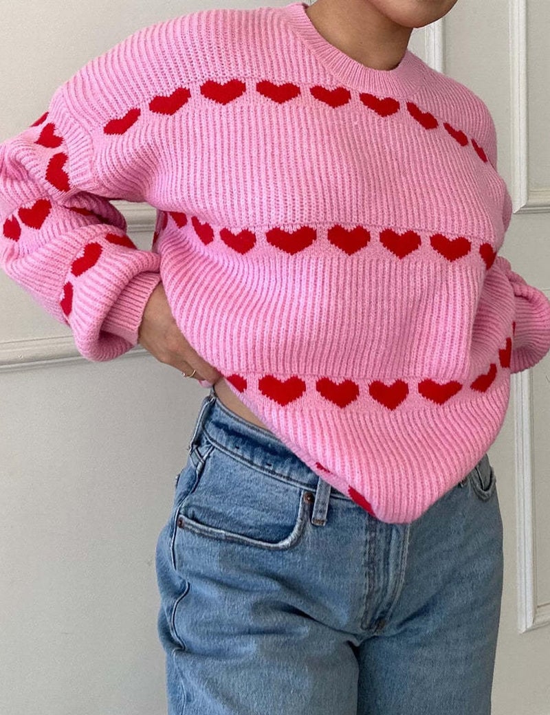 Yimoon Valentine Heart Sweater for Women Cute Long Sleeve Crewneck Chunky Knitted Pullover Sweaters(Pink-M) - Image 3