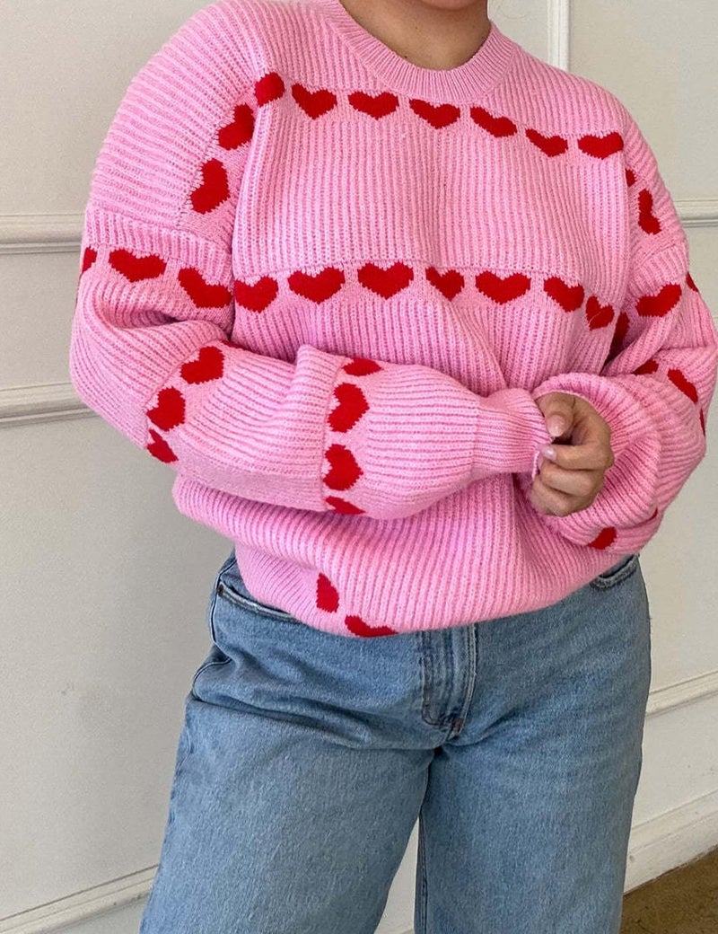 Yimoon Valentine Heart Sweater for Women Cute Long Sleeve Crewneck Chunky Knitted Pullover Sweaters(Pink-M) - Image 2