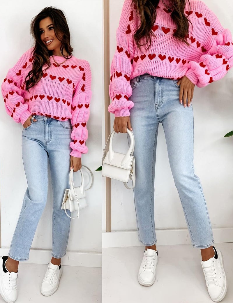 Yimoon Valentine Heart Sweater for Women Cute Long Sleeve Crewneck Chunky Knitted Pullover Sweaters(Pink-M) - Image 4