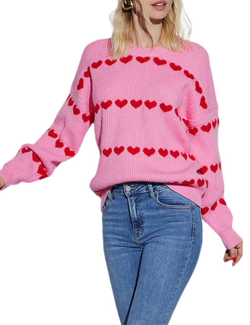 Yimoon Valentine Heart Sweater for Women Cute Long Sleeve Crewneck Chunky Knitted Pullover Sweaters(Pink-M) - Image 1