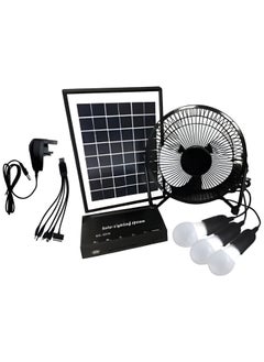 REBENUO Solar Lighting System 6W Solar Panel 3LED Bulbs With 5W Fan 5 In 1 Charging Cable Control Box With Built In Battery - Black.  - Image 1