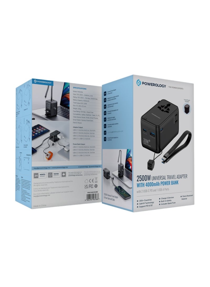 باورولوجي محول سفر عالمي مع منفذين USB-C PD ومنفذ USB-A 2500 واط / بنك طاقة 4000 مللي أمبير / بنك طاقة سريع الشحن مع محول محمول / شحن 5 أجهزة / تقنية GaN III - أسود - Image 5