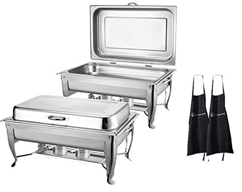 CHEFQ CHEFQ 2 Pack 8Qt Deluxe Hinged Chafing Dish Foldable Frame Buffet Chafer Stainless Steel Food Warmer and 2 Aprons 