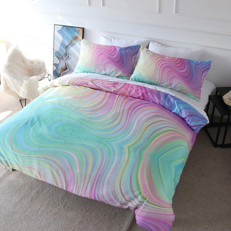 BlessLiving 3D Modern Pattern Bedding Set Duvet Cover Set Pastel Rainbow Marble Printed Comforter Cover 3 Pieces Bed Sets with 2 Pillow Cases Single