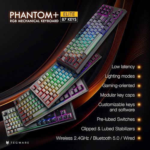 TECWARE Phantom+ Elite 87 Key RGB Mechanical Gaming Keyboard, LED Backlit, Universal Hot-Swap, Wired and Wireless, 3 Mode Connectivity, Thocky Sounding, Black Elite Wraith Pink - Image 2