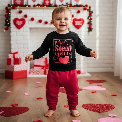 Frietlebird Toddler Boy Valentines Day Outfit Long Sleeve Letter Print Crewneck Sweatshirt Pants Valentines Outfit Toddler Boy (V-Black Red,2-3T) - Image 2