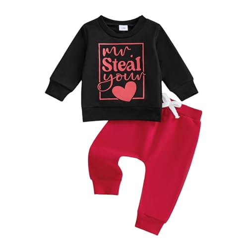 Frietlebird Toddler Boy Valentines Day Outfit Long Sleeve Letter Print Crewneck Sweatshirt Pants Valentines Outfit Toddler Boy (V-Black Red,2-3T) - Image 1