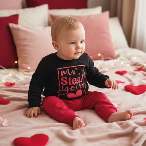 Frietlebird Toddler Boy Valentines Day Outfit Long Sleeve Letter Print Crewneck Sweatshirt Pants Valentines Outfit Toddler Boy (V-Black Red,2-3T) - Image 3