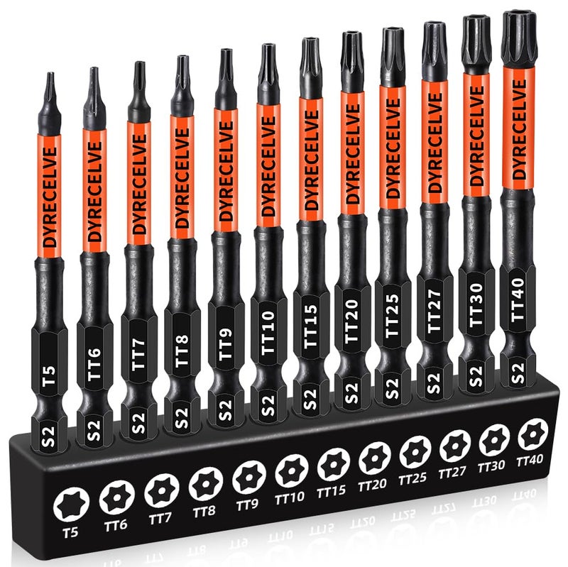 12Pack Impact Security Torx Bit Set T5T40 3Inch Long S2 Steel Professional Tamper Proof Star Bits Set with 14 Hex Shank Magnetic High Torque for AutomotiveElectronicsDIY