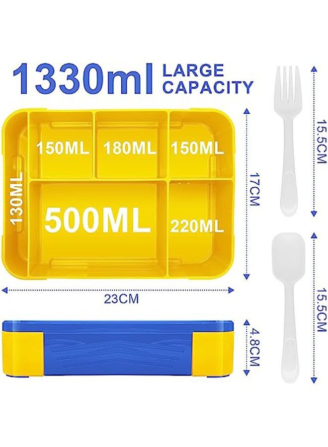Arabest Lunch Box 1330 ml, Bento Box Leak-Proof Airtight Lunch Box with 5 Compartments Cutlery Set, Lunch Box for Microwave Dishwashers, Lunch Box for Adults and Children plastic blue yellow 23x17x4.8 cm  - Image 3