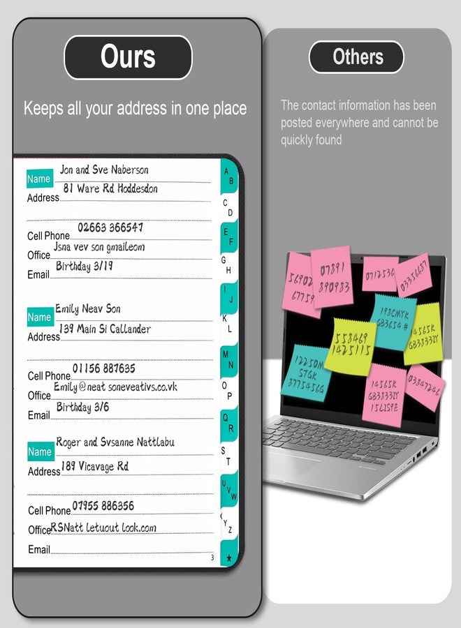 BLESWIN Small Pocket Address Book with A-Z Two-Colour Alphabetical Tabs, Telephone Book and Addresses in Rigid Cardboard and Large Fonts, to Record 288 Organized Contacts, Black - Image 5