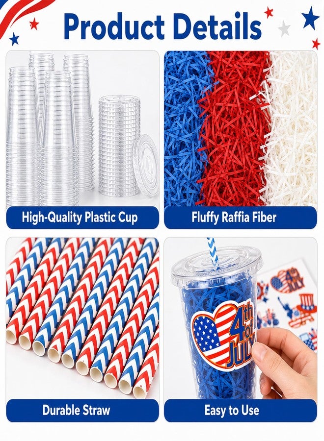 Oitnlaughter 24 Set 4th of July Patriotic Party Favors Supplies Plastic Cups with Lids Straws Stickers Red White Blue Gifts Disposable Drinking Cups for Independence Day USA 250th Anniversary Decor Prizes - Image 3