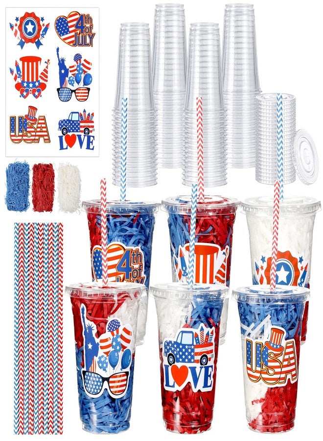Oitnlaughter 24 Set 4th of July Patriotic Party Favors Supplies Plastic Cups with Lids Straws Stickers Red White Blue Gifts Disposable Drinking Cups for Independence Day USA 250th Anniversary Decor Prizes - Image 1